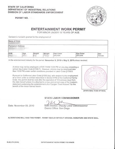 CA Entertainment Work Permit